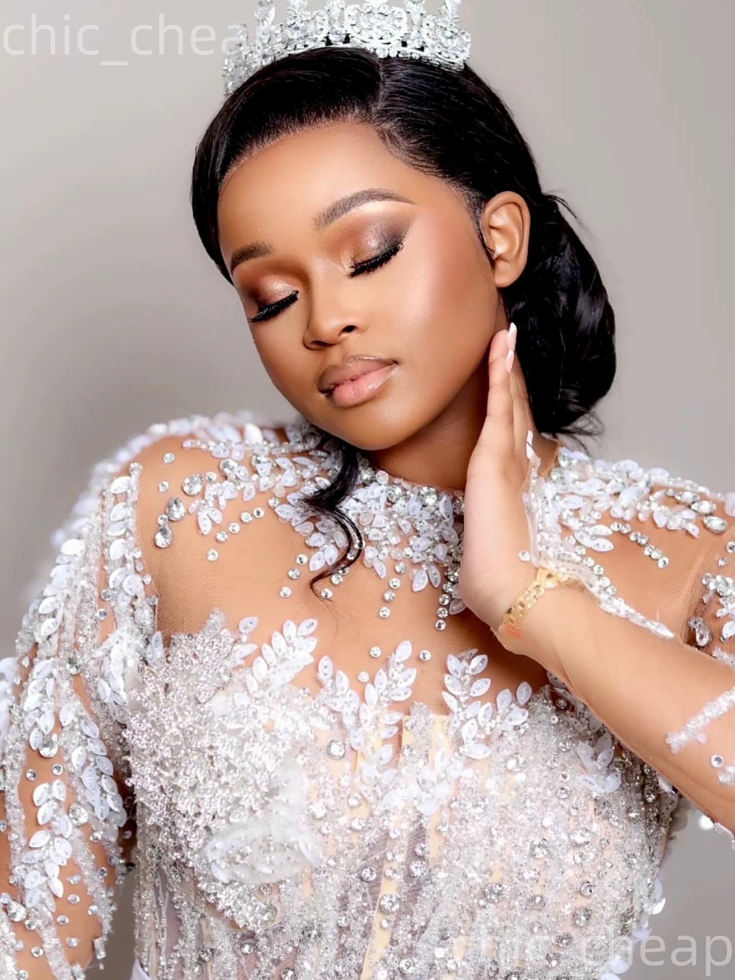 African Aso Ebi 2026 Ivory Mermaid Wedding Dress Beaded Crystals Lace Sheer Neck Luxurious Detachable Train Vintage Bridal Gowns Dresses ZJ233