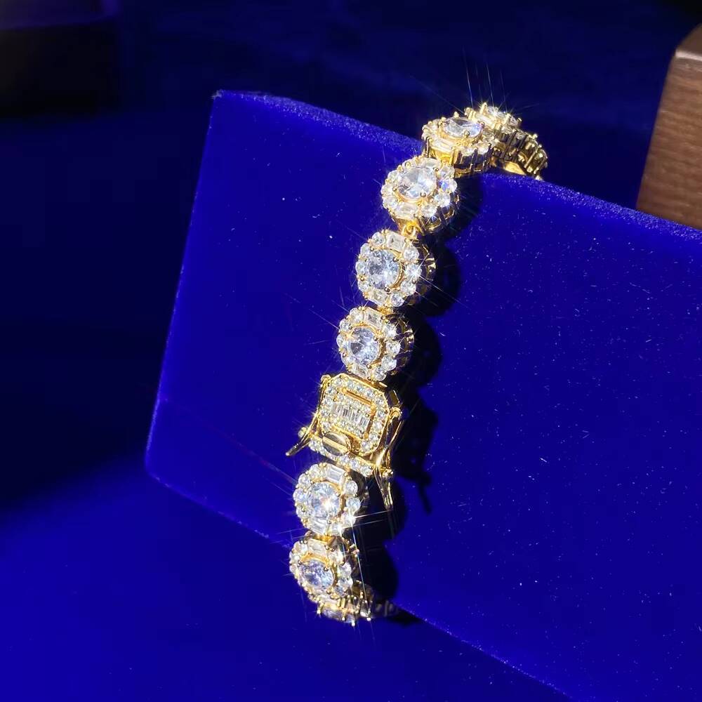 95mm Button Rock Sugar Micro Inset Cubic Zircon Round Gold Plated 14K Iced Sugar 925 Silver Hip Hop Cuban Link Chain Bracelets
