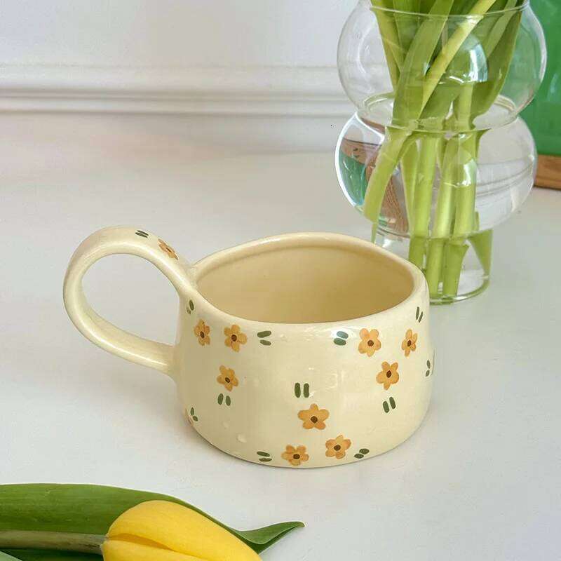 Style Ceramic Mug Cute Hand Pinched Irregular Small Flower Pattern Coffee Cup Breakfast Milk Tea Cups Gift for Kids Girls