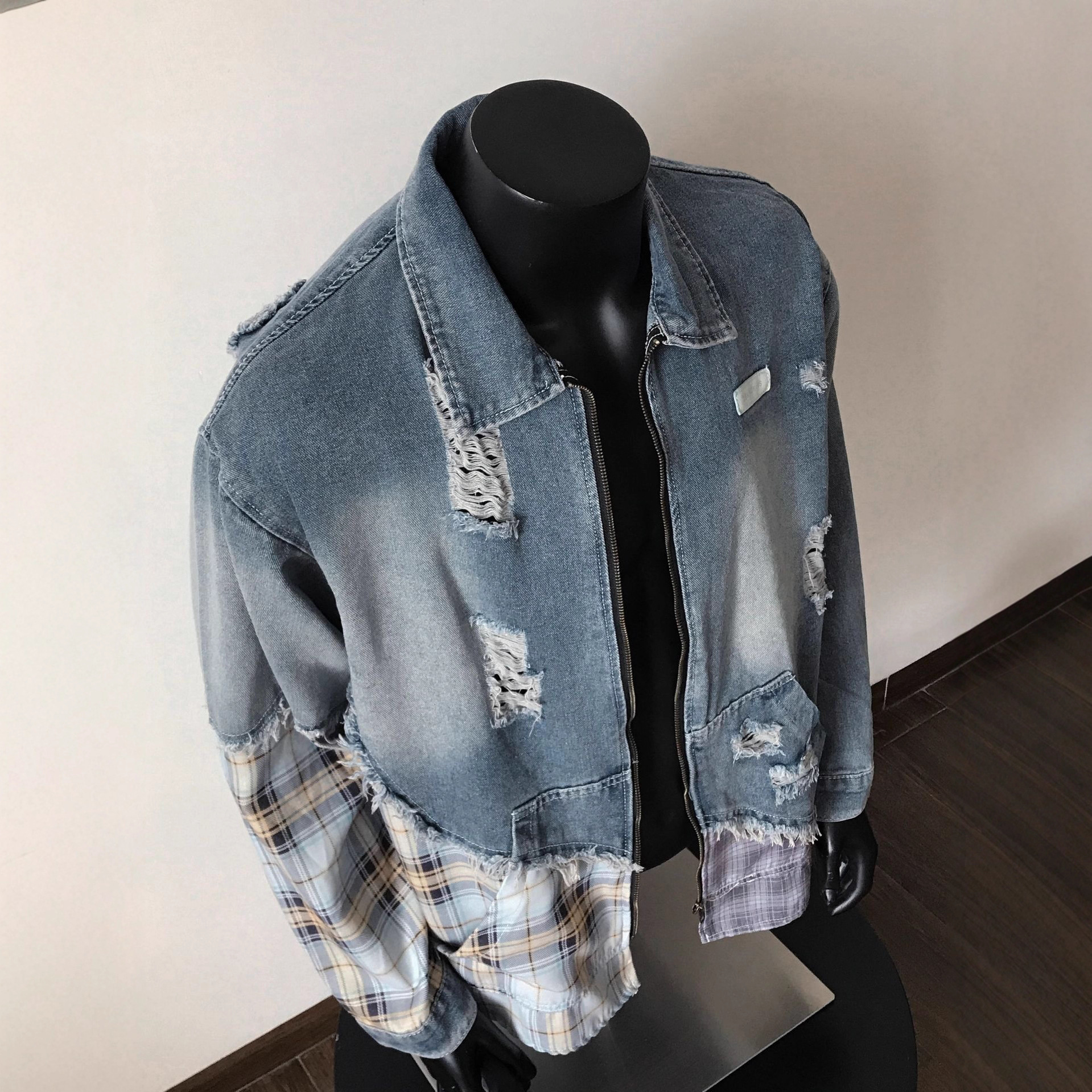 Luxury Brand Designer Clothes American Style Trendy Irregular Plaid Patchwork Distressed Denim Jacket For Men Retro Ins Trend Couple Coat Top
