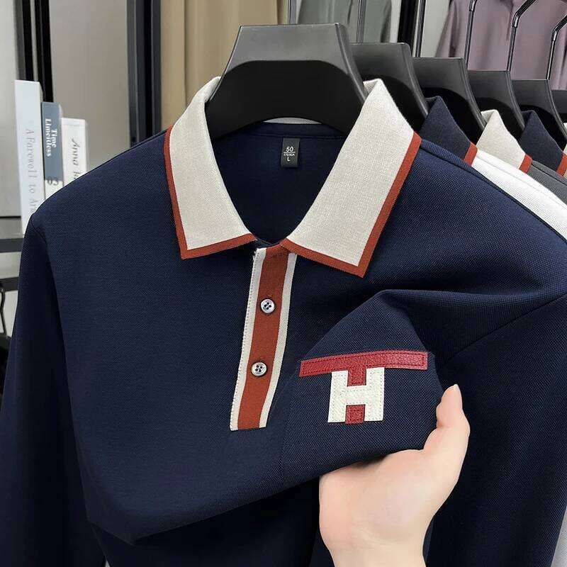 Light Luxury Fashion 100% Pure Cotton Polo Shirt Men's Long Sleeved Autumn New Item Middle-Aged Dad Collar Base T-Shirt