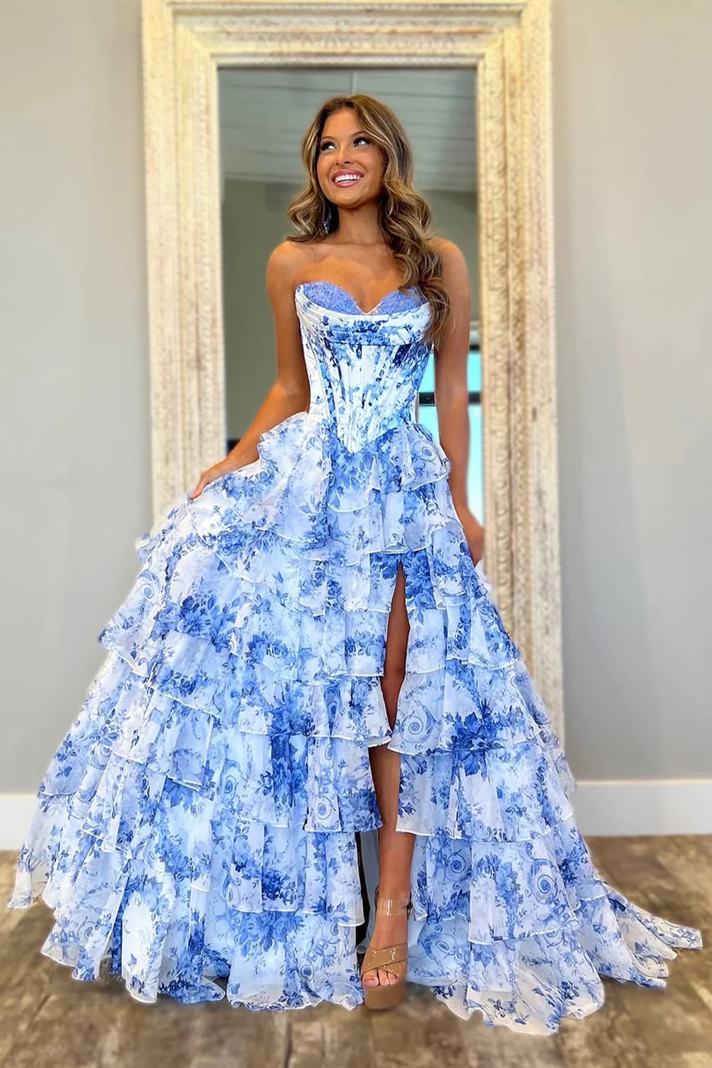 Blue White Print Prom Dresses with Layered Ruffles Skirt | Elegant Floral Ball Gown Formal Evening Gowns CPS3222