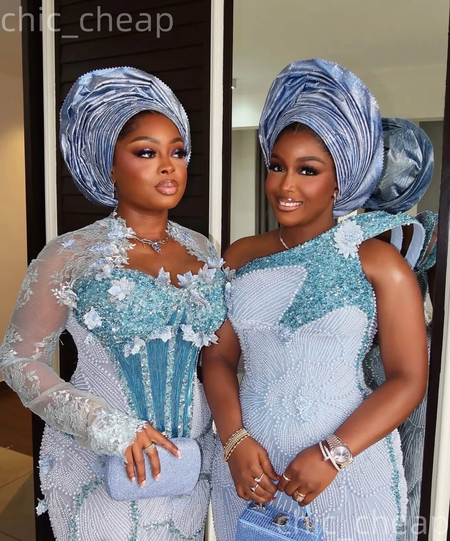 Aso Ebi Nigerian Light Sky Blue Sheath Prom Dresses 2026 Flowers Beaded Sequined Evening Formal Party Second Birthday Engagement Gowns Dress For Speci