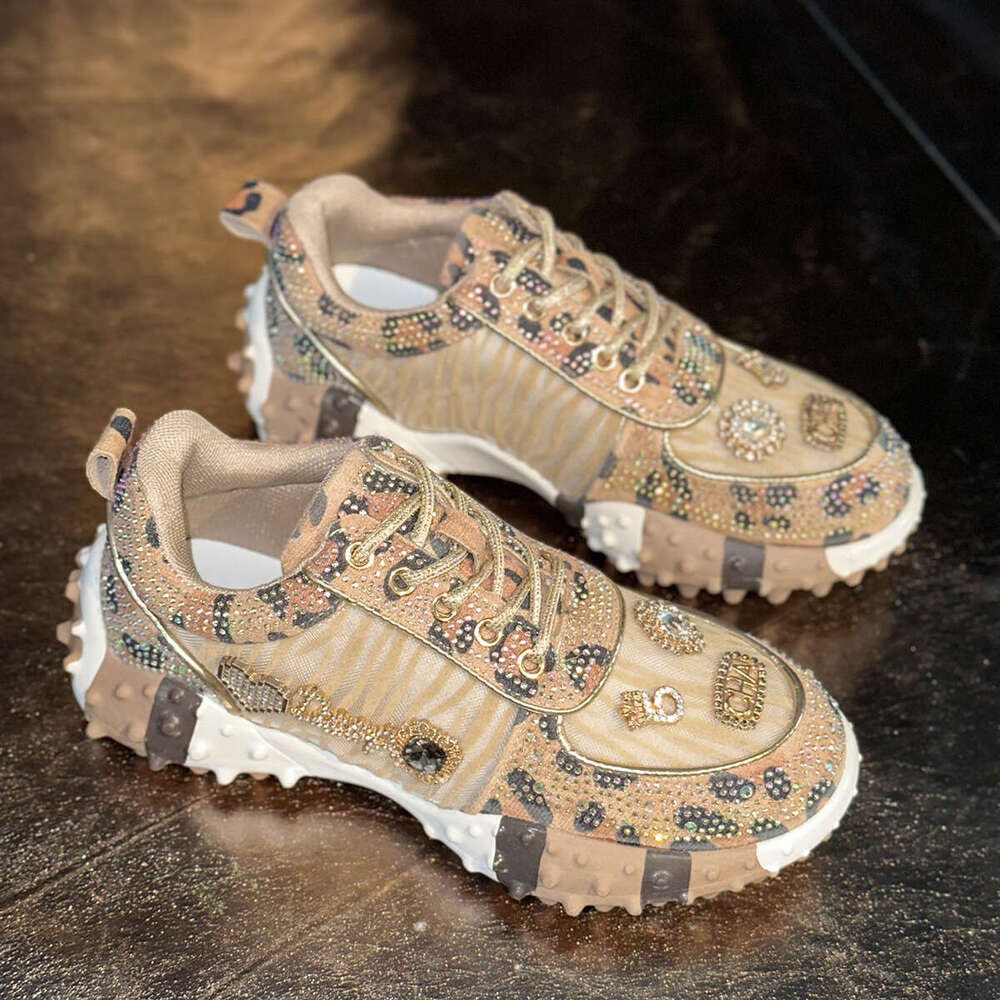 2025 Autumn New Leopard Print Rhinestone Thick Sole Casual Sports Shoes for Women