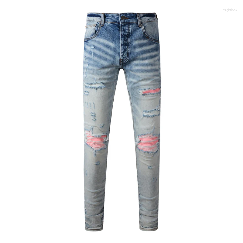 Men's Jeans High Street Fashion Men Retro Light Blue Pink Patched Stretch Skinny Fit Ripped Brand Hip Hop Y2K Denim Pants