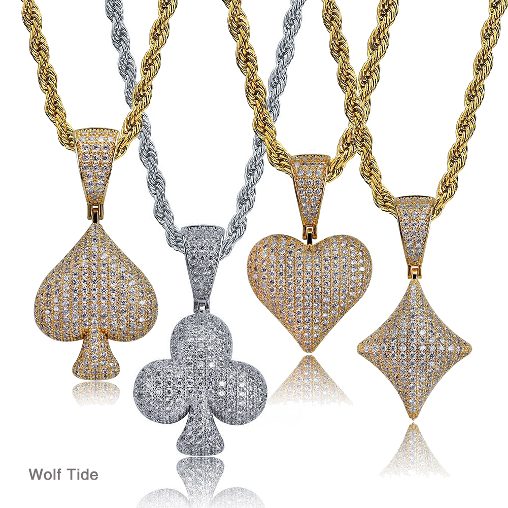 4 Styles Playing Cards Symbol Pendant Necklace Chain 18K White Gold Full CZ stone Cublic Zirconia Hip Hop Jewelry Luxury Designer Gifts for Men and Wo
