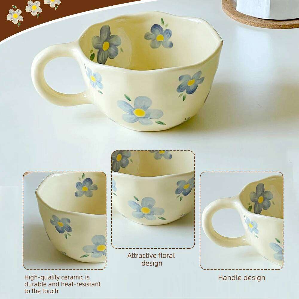 Ceramic Mugs Coffee Cups Hand Pinched Irregular Flower Milk Tea Cup with Plate Ins Style Drinkware Breakfast Mug Kitchen