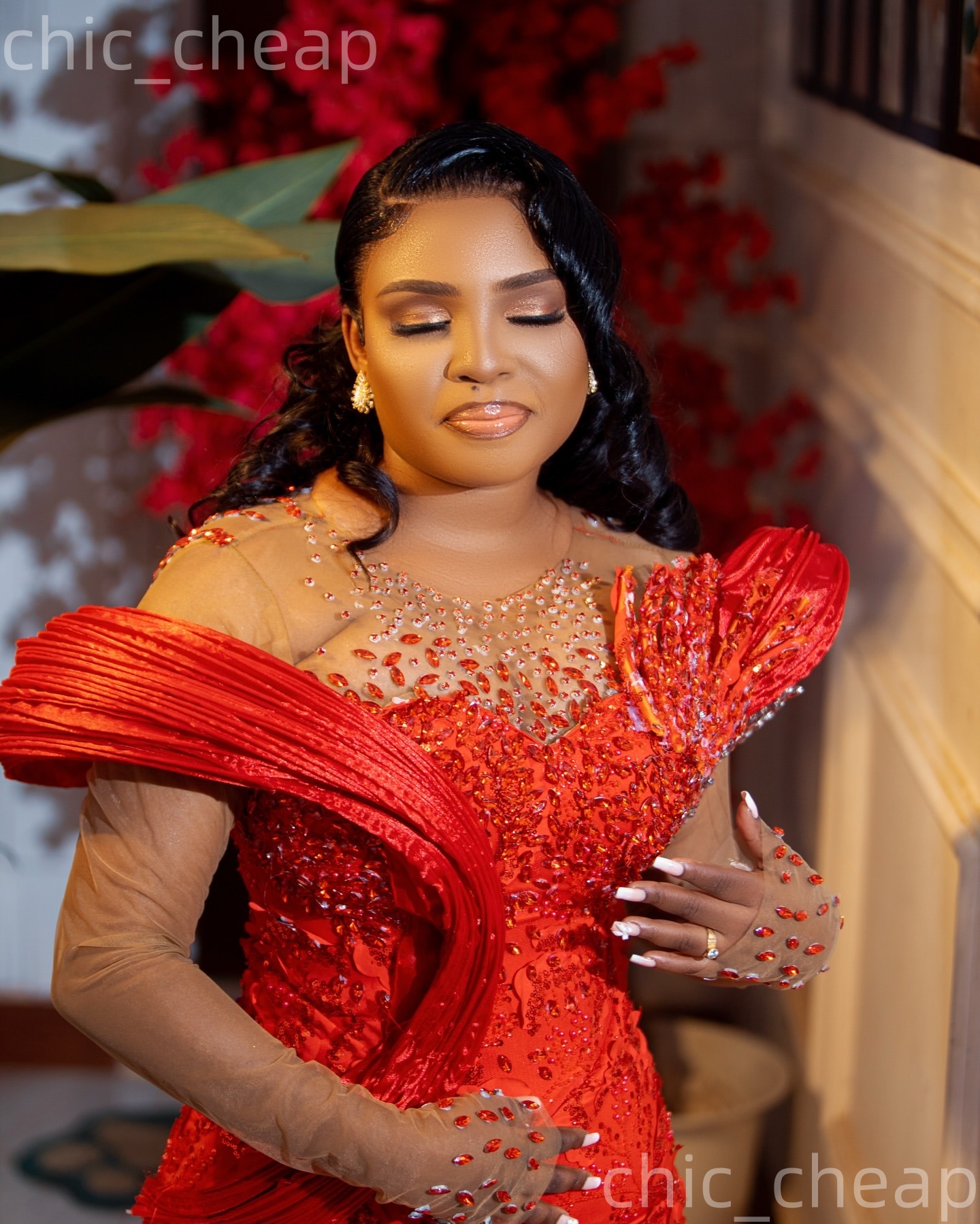Aso Ebi Nigerian Red Mermaid Prom Dresses 2026 Floral Lace Crystals Stylish Evening Formal Party Second Birthday Engagement Gowns Dress For Special Oc