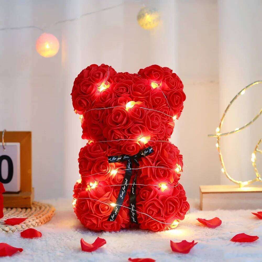 Eternal 25cm Artificial Teddy Rose Flower Bear with Box Romantic Gift Girlfriend Women Mother Birthday Wedding Party Deco W260114