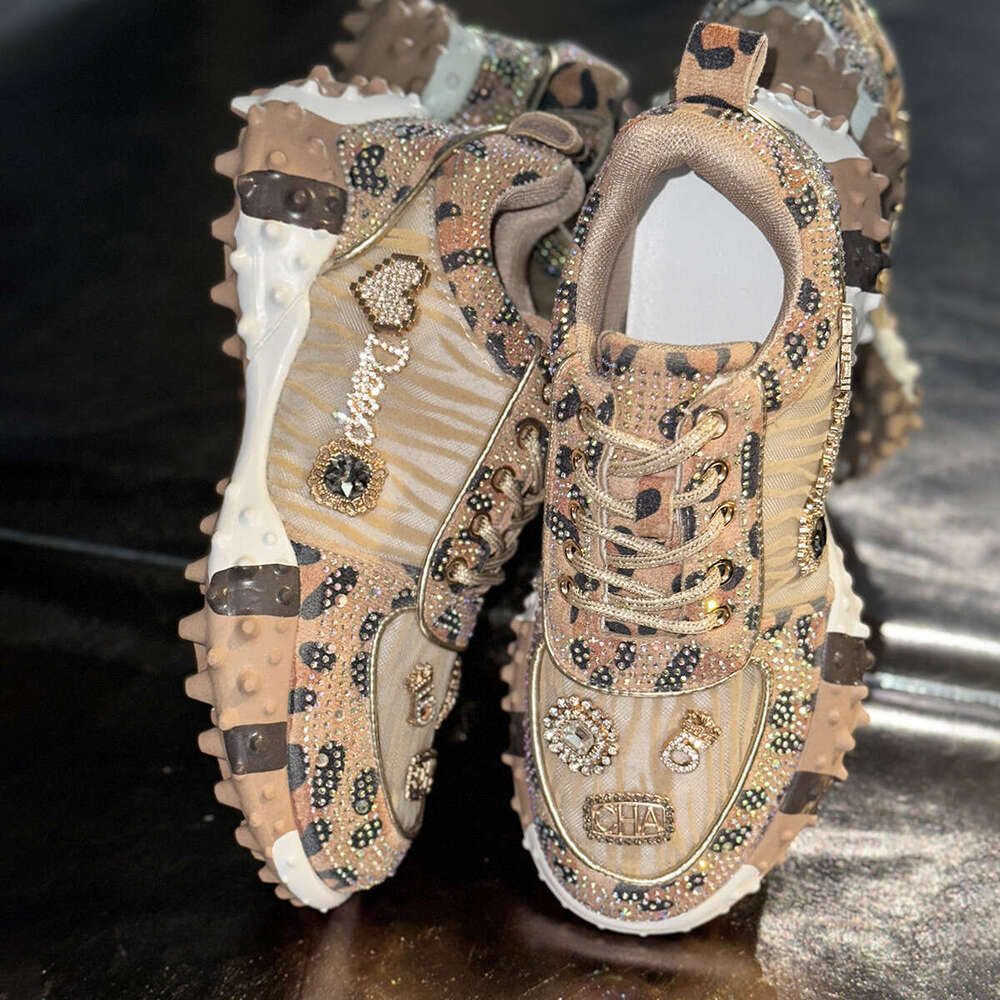 2025 Autumn New Leopard Print Rhinestone Thick Sole Casual Sports Shoes for Women
