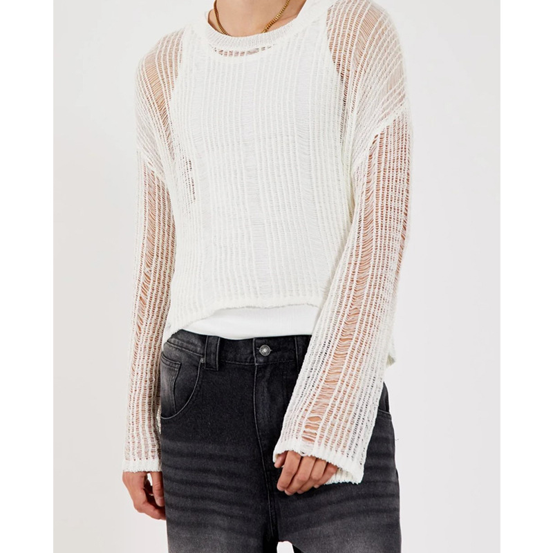 Men's Hollow Out Sheer Knit Sweater, Stretchy Loose Fit Long Sleeve Pullover, Trendy Streetwear Knitwear