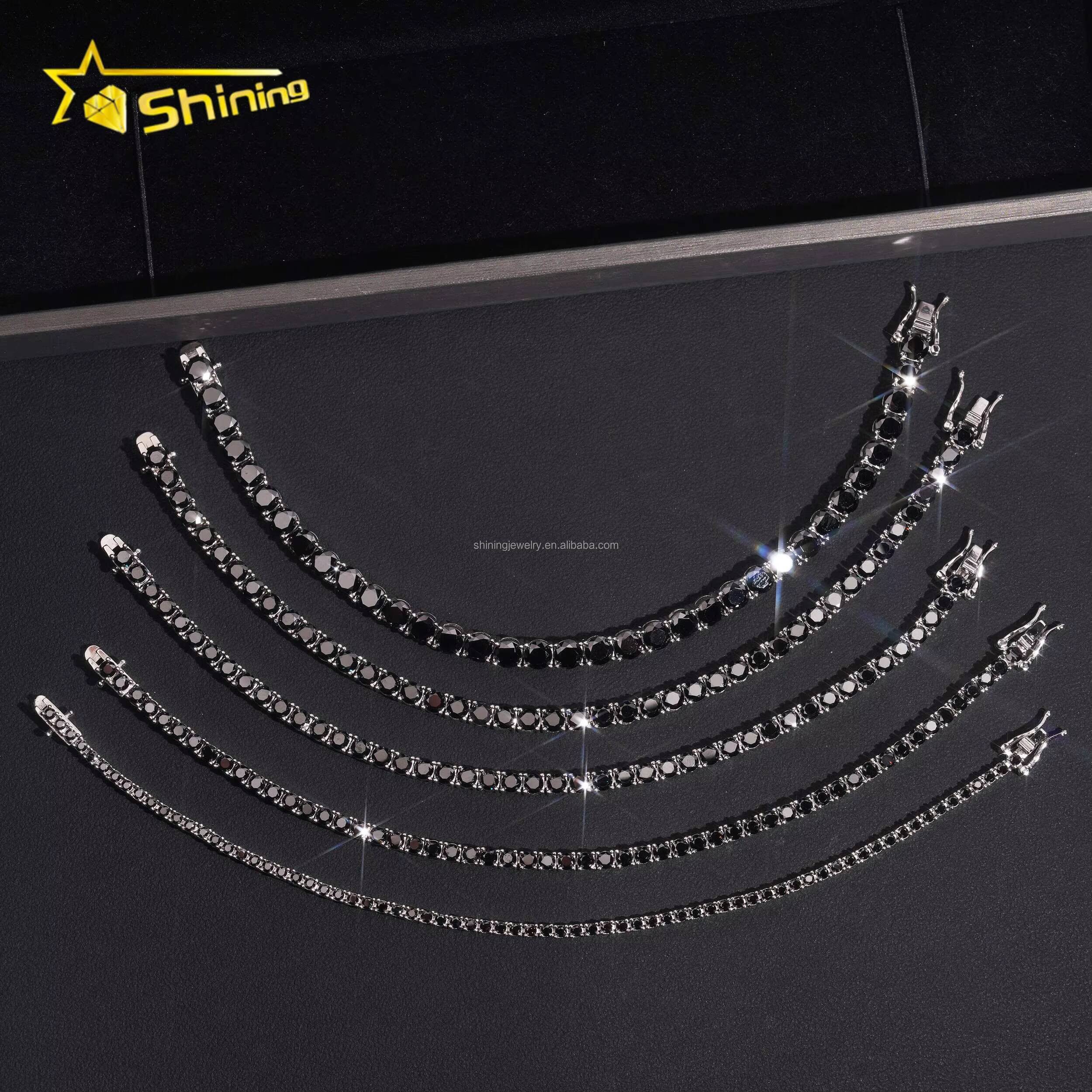 Bulk Stock 2mm 3mm 4mm 5mm 65mm Hip Hop Hot Selling Fire Jewelry Black Moissanite 925 Sterling Silver Tennis Chain Bracelet