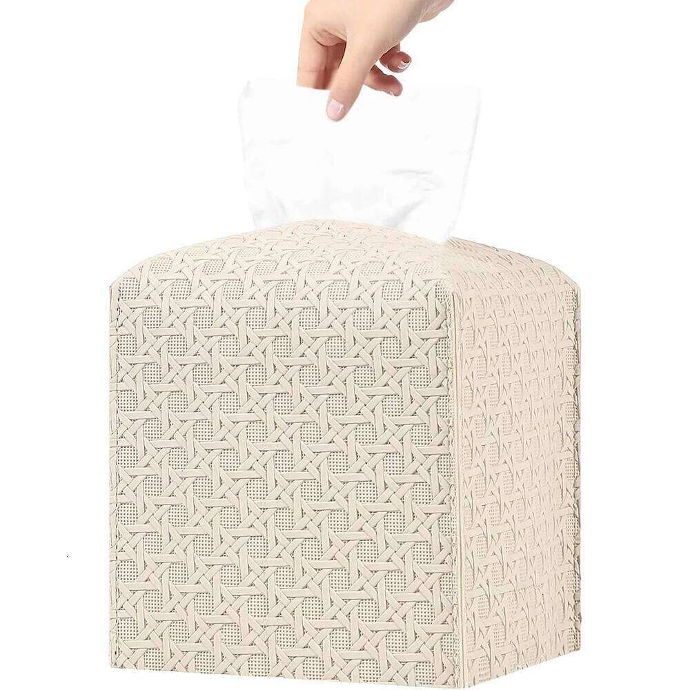 PU Leather Square Rattan Design Large-Capacity Drawer Supplies Foldable Tissue Box Cover for Home, Office, Car