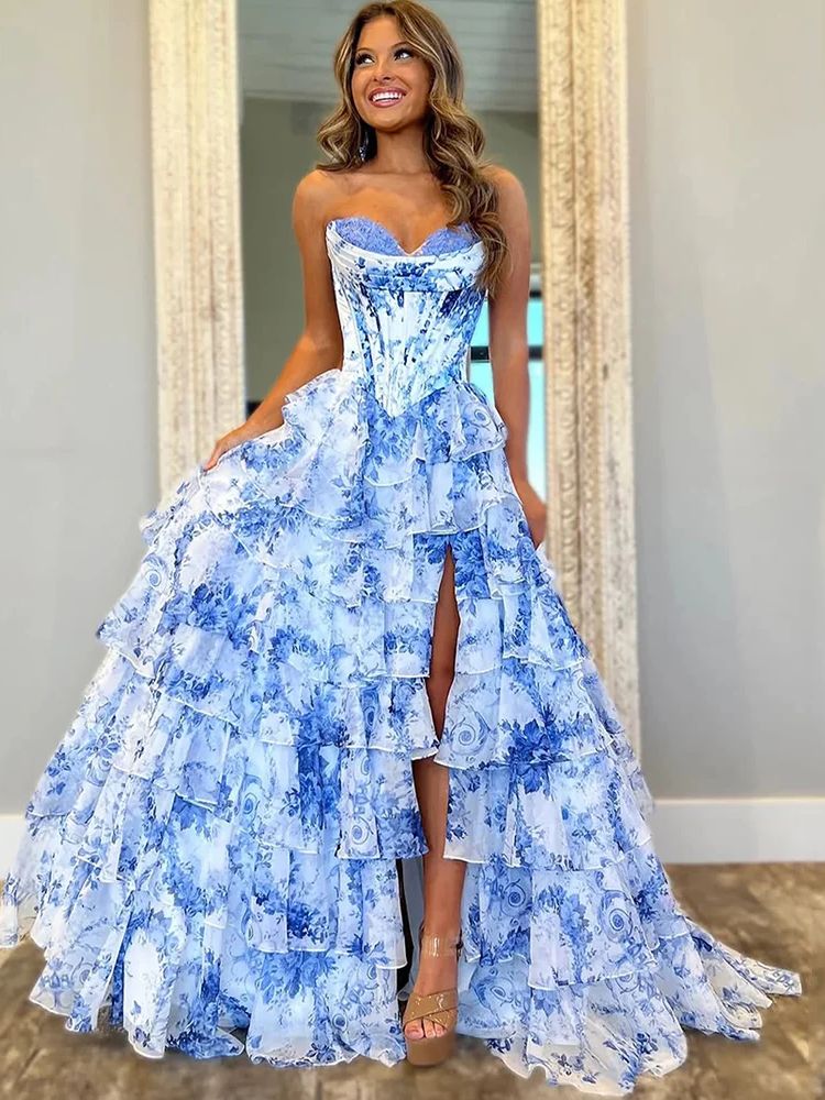 Blue White Print Prom Dresses with Layered Ruffles Skirt | Elegant Floral Ball Gown Formal Evening Gowns CPS3222