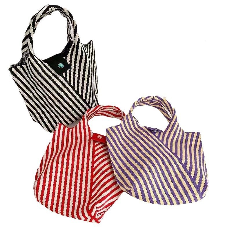 Handmade Knit Handbag Women Mini Shoulder Bag Female Casual Color Wide Stripe Plaid Tote Bag Student Cell Phone Package 240807