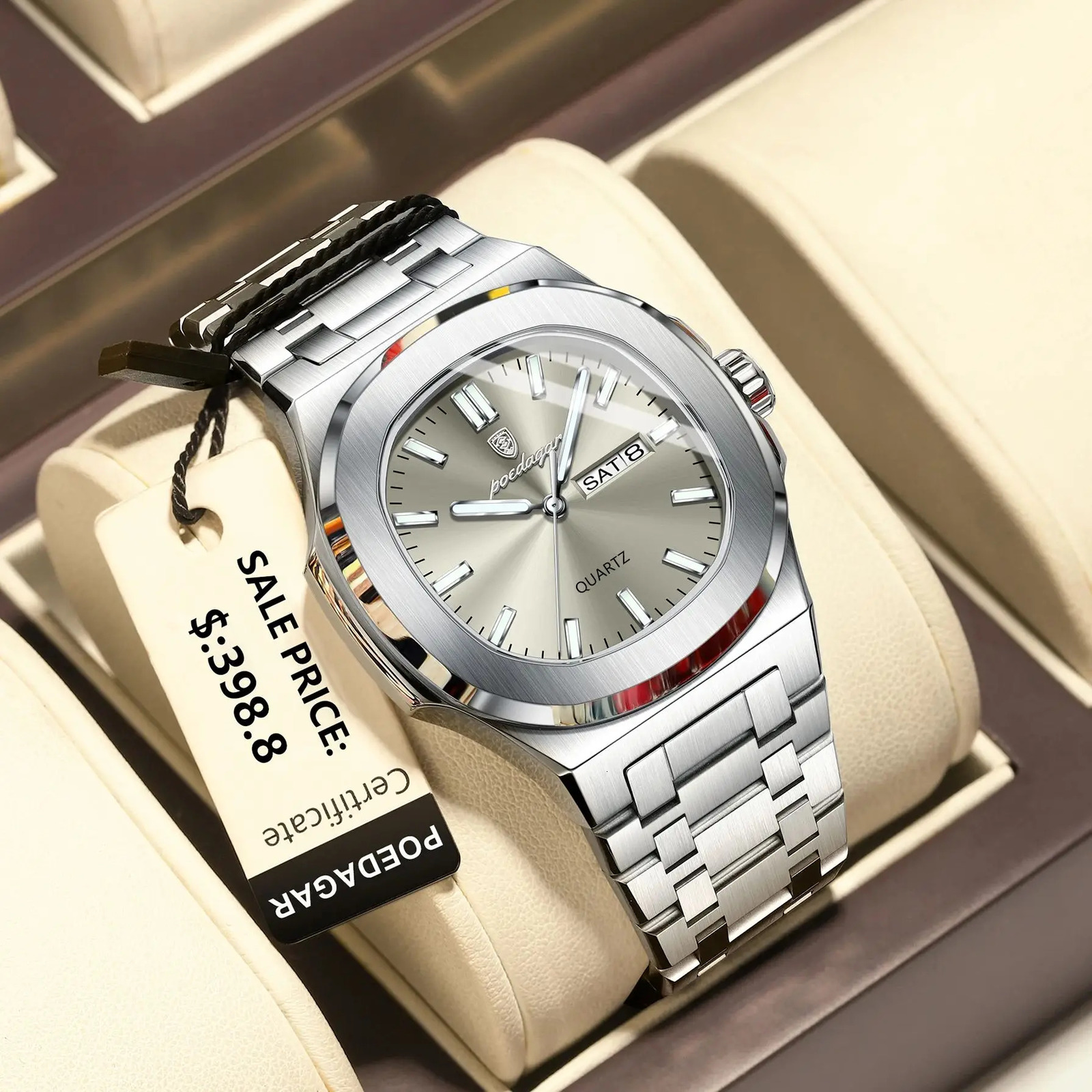 POEDAGAR Military Man Watch Square Waterproof Luminous Date Week Men Watch Stainless Steel Quartz Mens Watches Relojbox 260114
