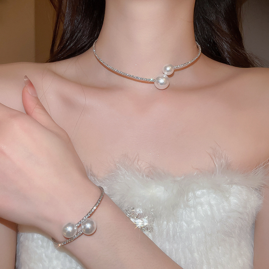 Trendy Single Row Silver Plated Choker Bracelet Set Pearl Round Korean Style Fresh Hanging Neck Chain U-Shaped - view 3