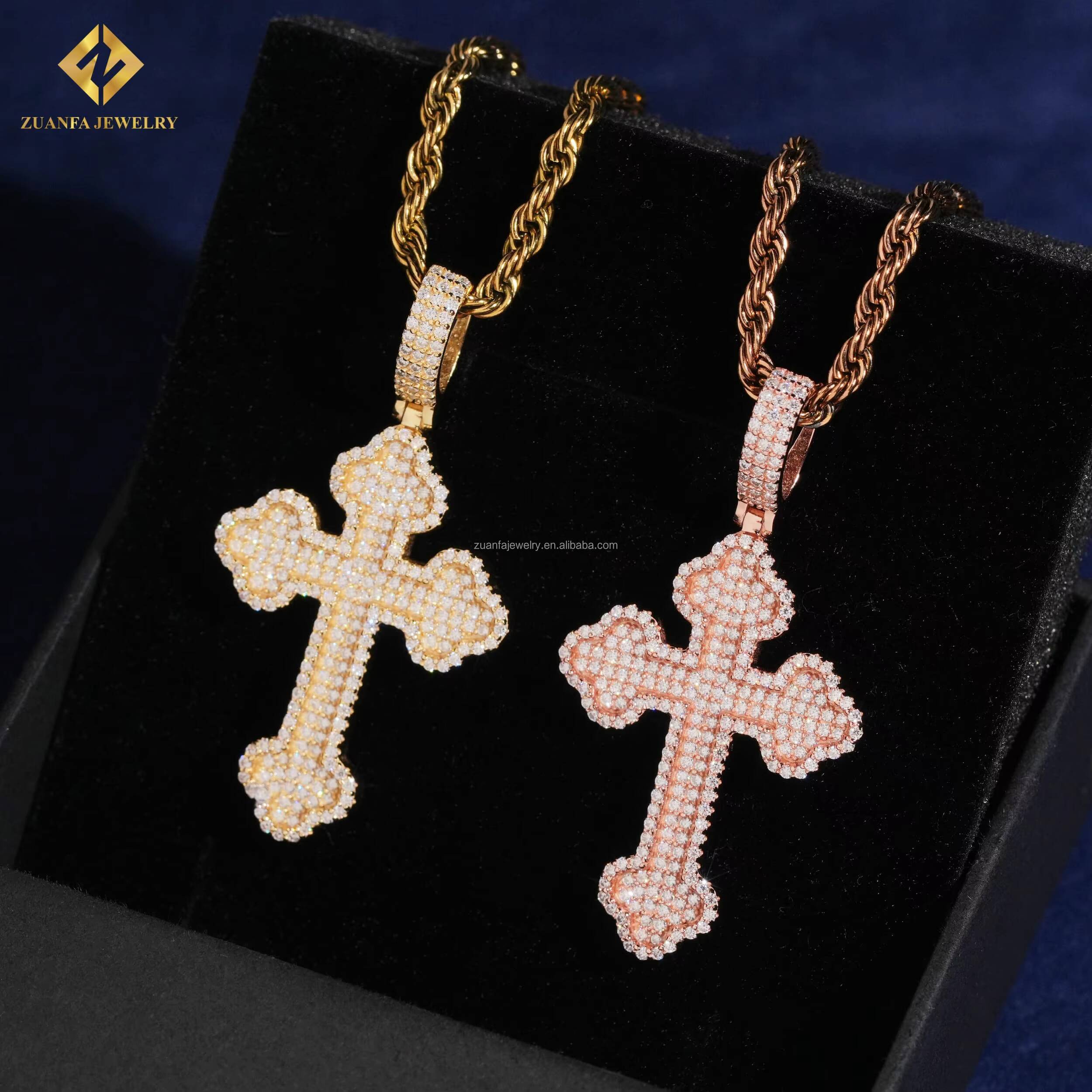 Bulk Stock Fire Jewelry Drop Shipping Fashion Hip Hop Iced Out Round Moissanite 925 Sterling Silver Cross Pendant Man Gift
