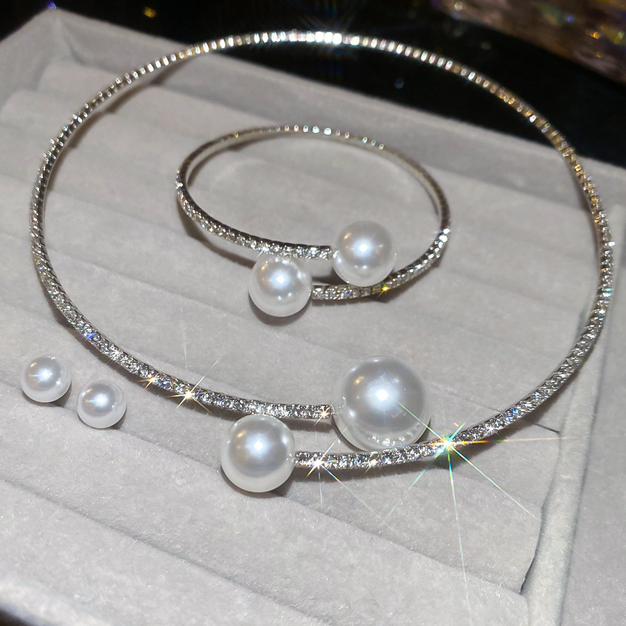 Trendy Single Row Silver Plated Choker Bracelet Set Pearl Round Korean Style Fresh Hanging Neck Chain U-Shaped - view 6