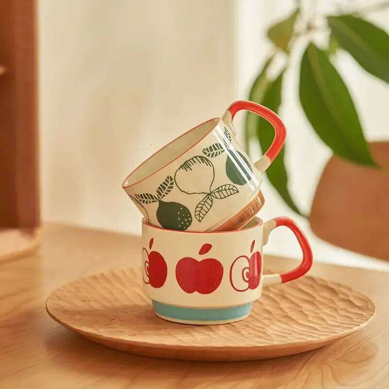 laysda 300ml Japanese Flower Coffee Retro Ceramic Milk Oats Mug Office Water Handgrip Cup Kitchen Party Drinkware Set