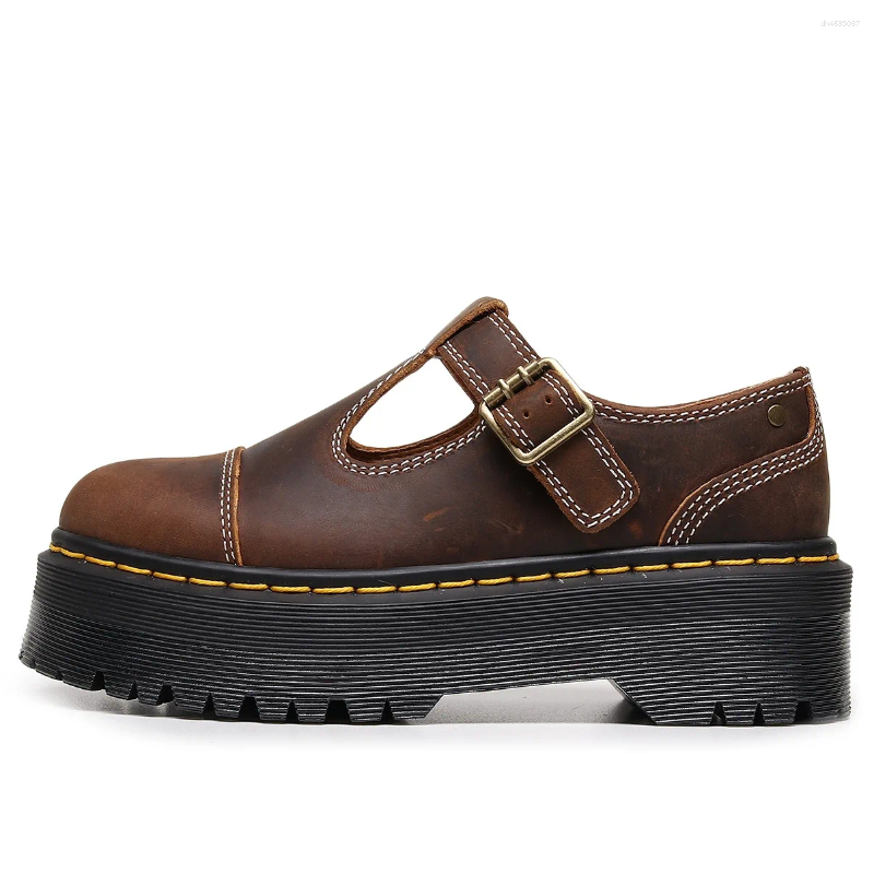 Casual Shoes Crazy Horse Cow Leather Women Thick Bottom Leisure Buckle Strap Mary Jane