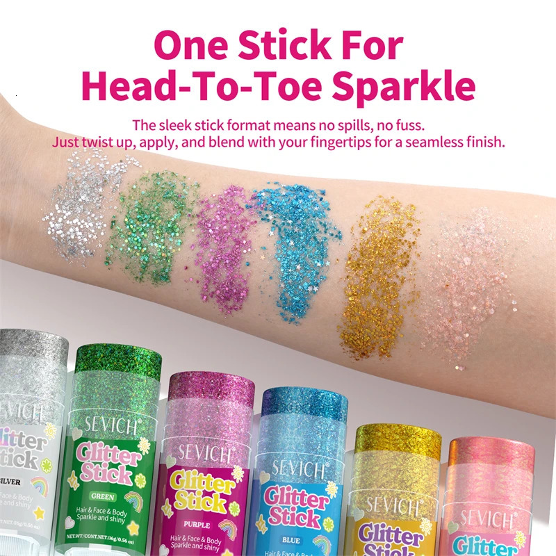 6 Colors Body Glitter Stick Waterproof Long Lasting Sequins Glitter Gel Stick Singer Music Rave Festival Party Christmas Makeup 260113