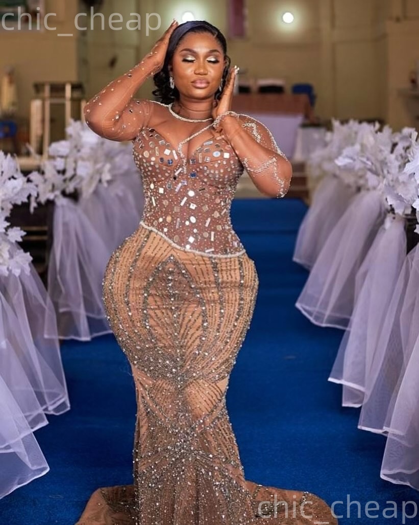 Aso Ebi Nigerian Champagne Mermaid Prom Dresses 2026 Beaded Crystals Illusion Evening Formal Party Second Birthday Engagement Gowns Dress For Special 