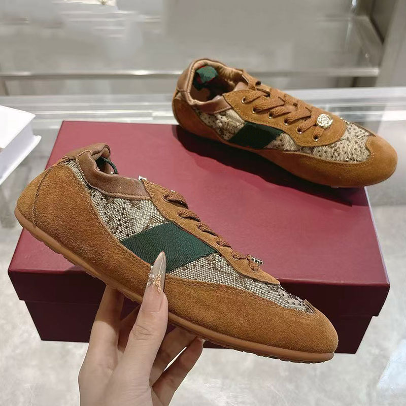 Designer Womens Shift Sneakers Brown suede trim Breathable Mesh Upper Lace up Closure Rubber Sole Women Casual Shoes Top Quality Outdoor vacation travel Lady shoes