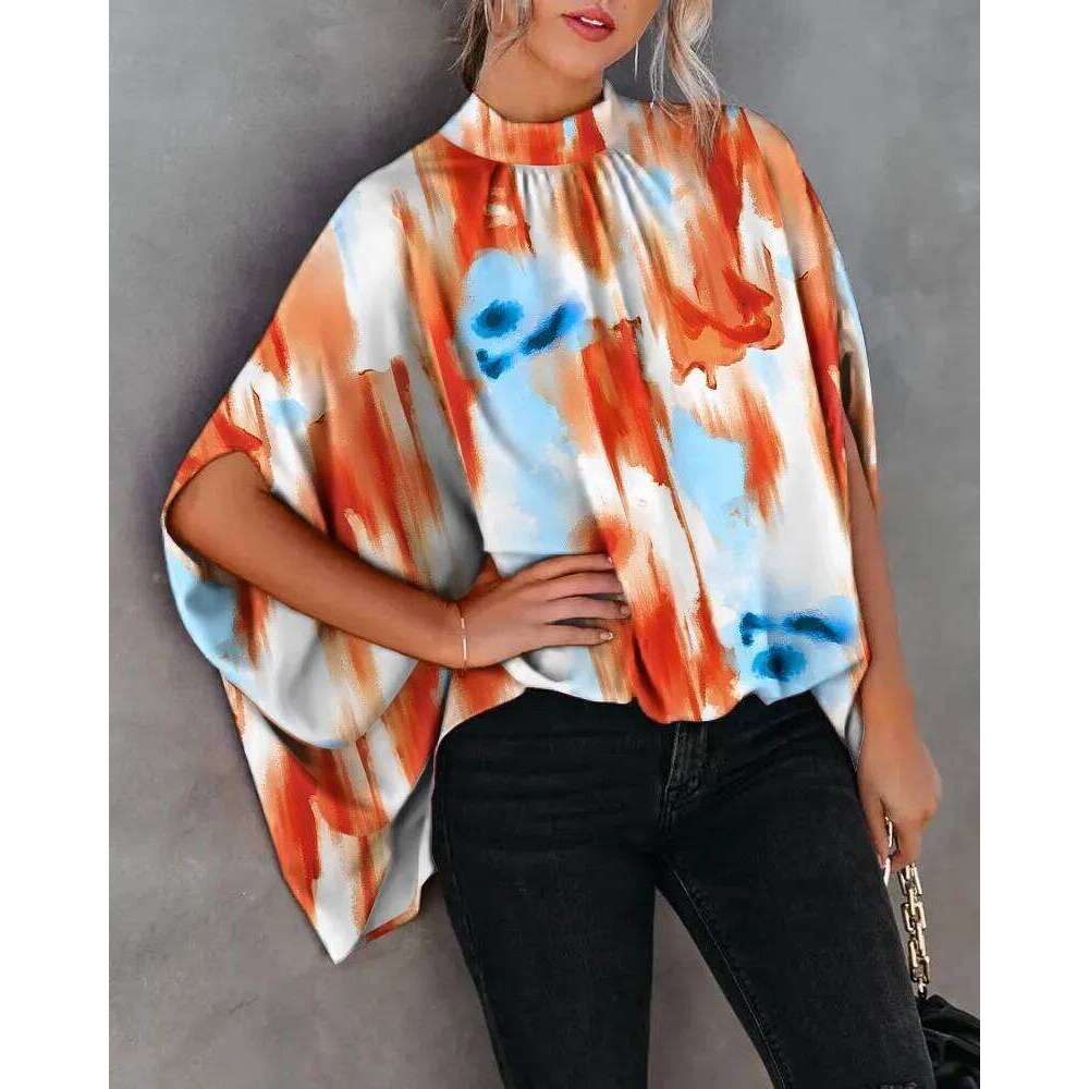 Women's Cape Sleeve Oversize Blouse Tie Closure High Neckline Caftan Body Loose Tops