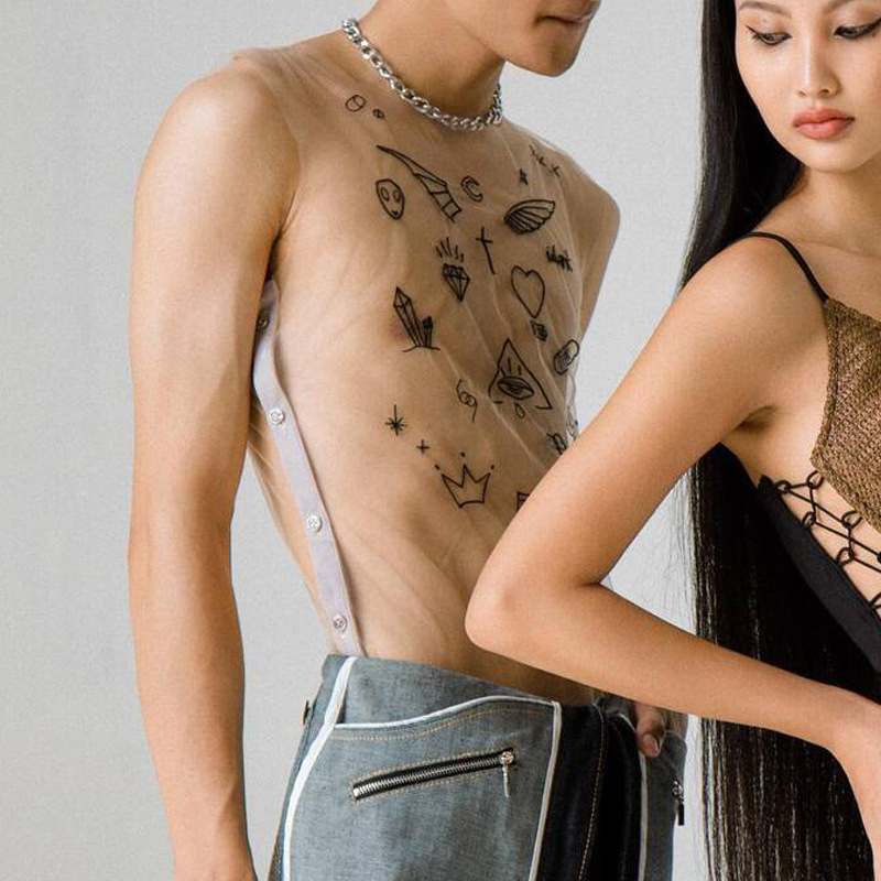 Men's Sheer Cartoon Print Tank Top, Slim Fit Stretchy Sleeveless T-shirt, Trendy See Through Inner Layer Top