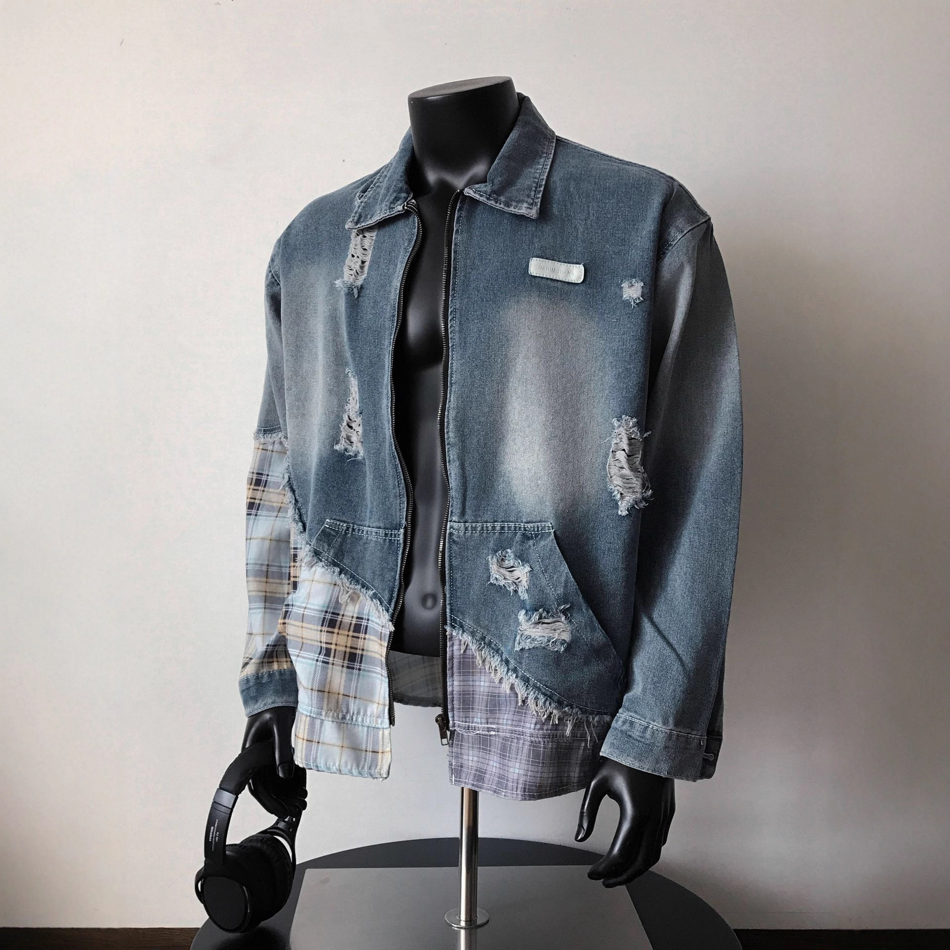 Luxury Brand Designer Clothes American Style Trendy Irregular Plaid Patchwork Distressed Denim Jacket For Men Retro Ins Trend Couple Coat Top