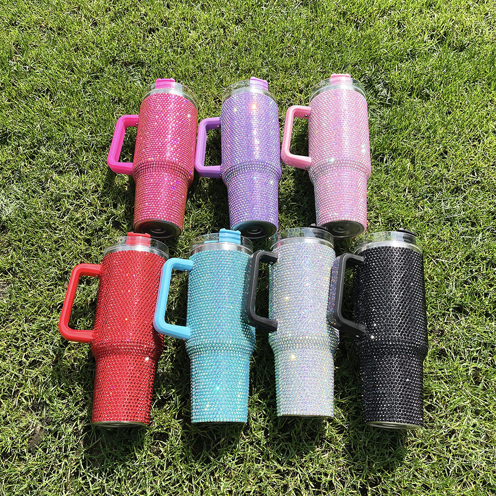 16PACK US RTS wholesale Super Sparkly Multicolour rhinestone bling studded 40oz bling tumbler diamond Bedazzled Stainless Steel mug with handle lid and straw