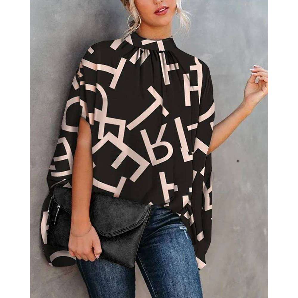 Women's Cape Sleeve Oversize Blouse Tie Closure High Neckline Caftan Body Loose Tops