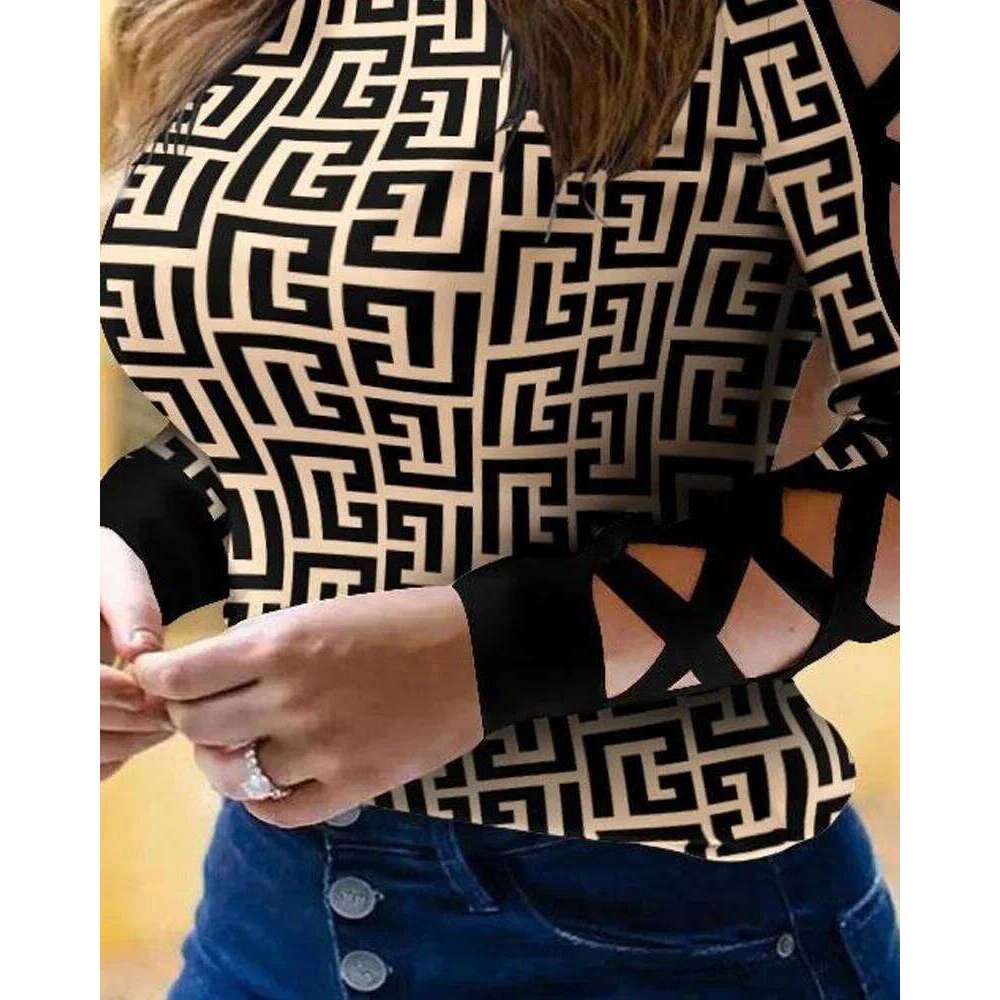 Women Geometric Print Crisscross Cold Shoulder Fashion Hot Hit Y2k Casual All-Match Top Clothing Female Blusas