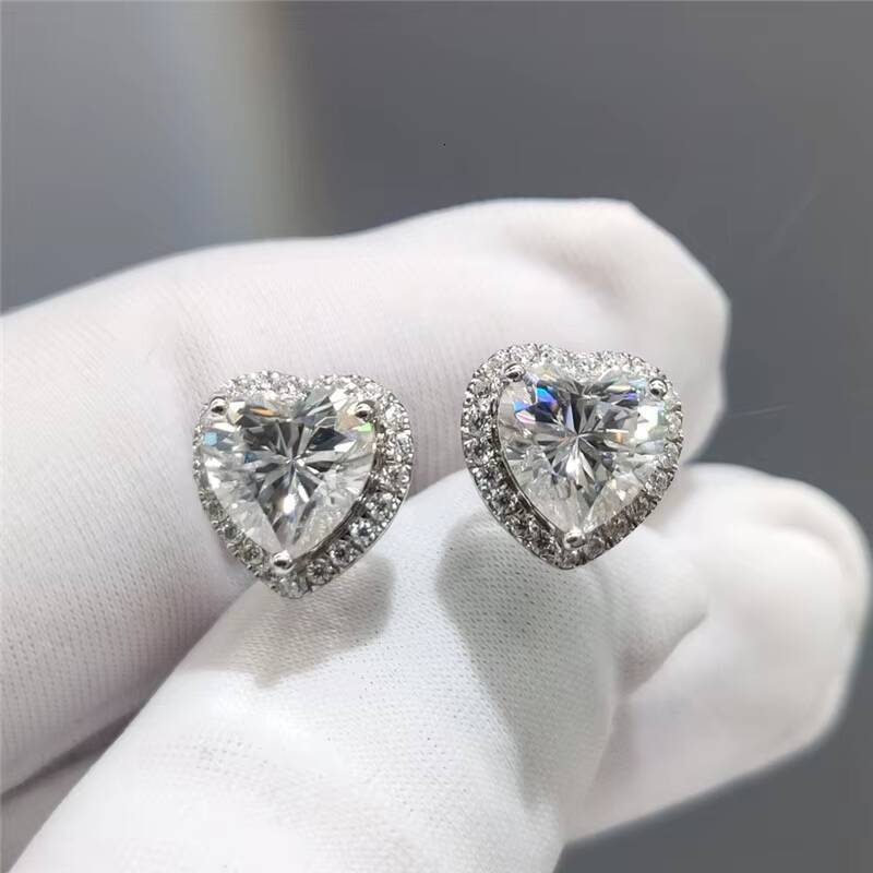 Silver 925 Original Total 4 Carat Brilliant Cut Diamond Test Past D Color Heart Moissanite Wedding Stud Earrings Fine Jewelry