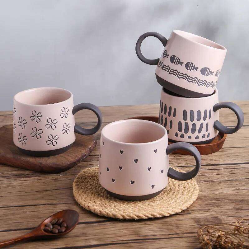 Underglaze Hand Painted Ceramic Mug Set Coarse Pottery Cute Pattern Large Coffee Cup for Couples Matching Pair Gift