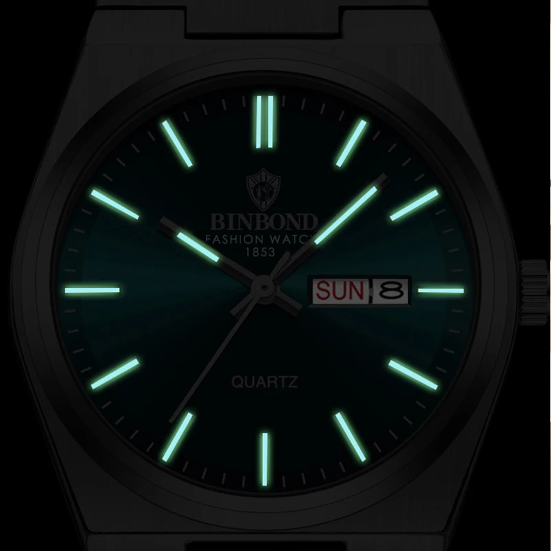 BINBOND Top Men Quartz Watches Original Watch for Man Waterproof Luminous Date Week Stainless Steel Wristwatch Male 260114