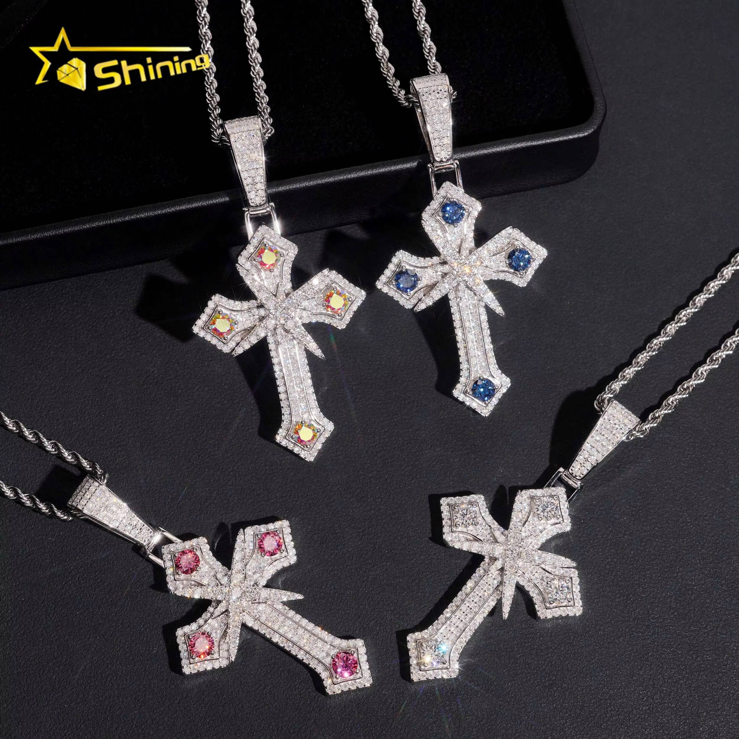 Hot Selling Hip Hop VVS Colorful Moissanite Cross Pendant Fine Jewelry Custom Men Iced Out Moissanite Pendant Charms