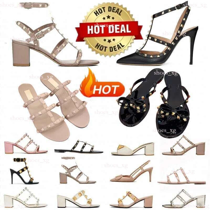 2026 Designer High Low Heels Sandals Womens Flat sandal Luxury Strap Roman Studs Black Nude Strip stiletto Peep-Toe Point Toe Rivets Women Party Wedding Block Heel