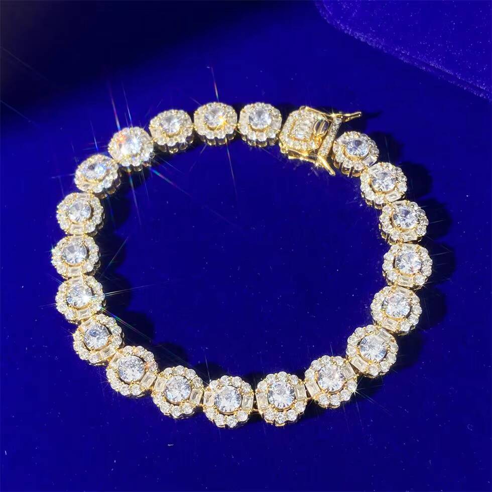 95mm Button Rock Sugar Micro Inset Cubic Zircon Round Gold Plated 14K Iced Sugar 925 Silver Hip Hop Cuban Link Chain Bracelets