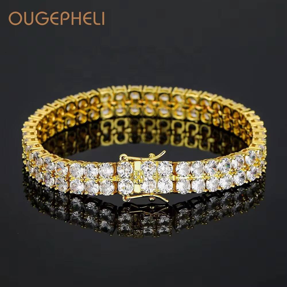 OUGEPHELI 2 Rows Cubic Zirconia Gold Plated Brass Pulseira Brazalete Bracciale Bracelet Choker Necklace Tennis Chain