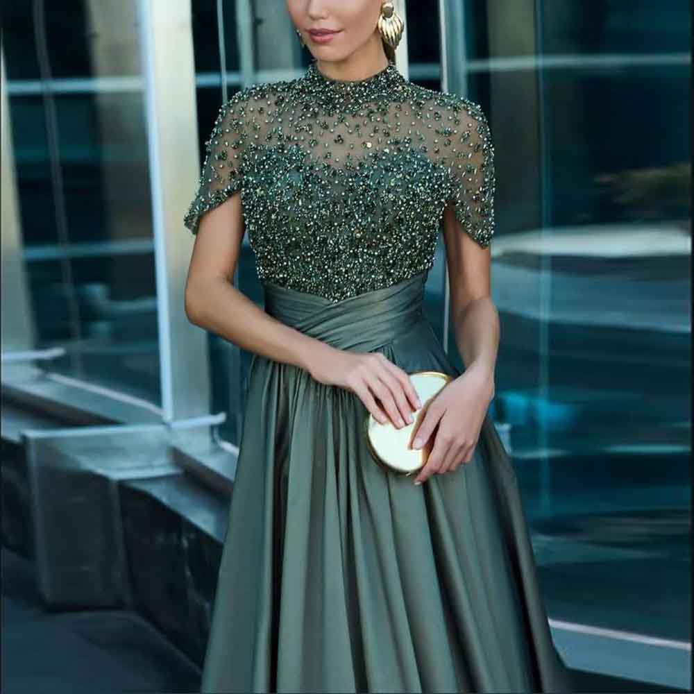 Luxury Beading Embrodiery Evening High Neck Cap Sleeve Women Formal Party Guest Outfit Pleats A Line Long Prom Dress With Pocket Bc19372 B0312