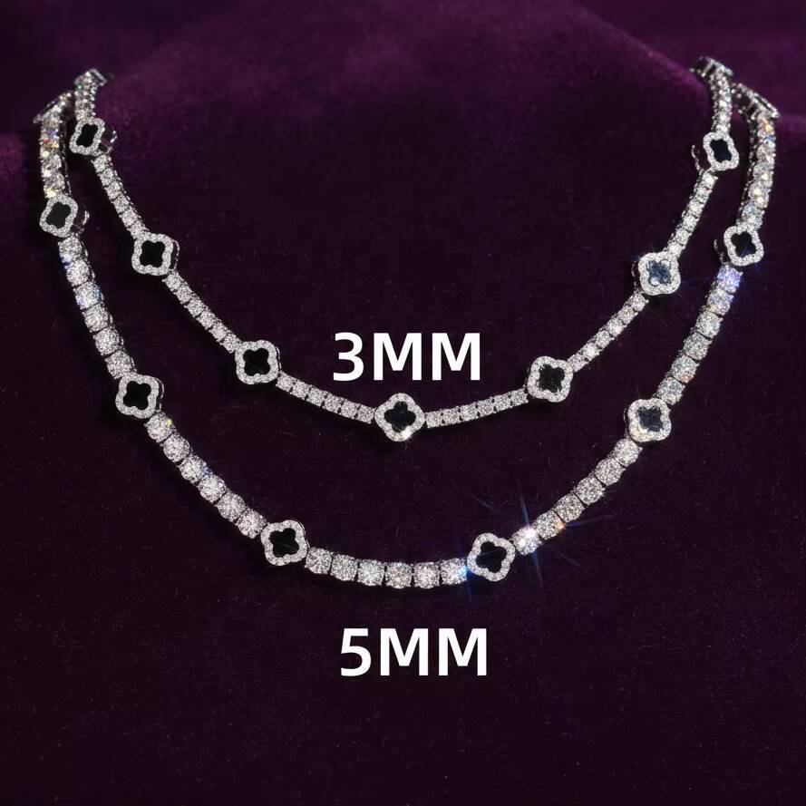 GRA 925 Solid Silver Tennis Chain 3mm 5mm Black Agate Clover Moissanite Tennis Chain Necklace Bracelet Fine Moissanite Jewelry