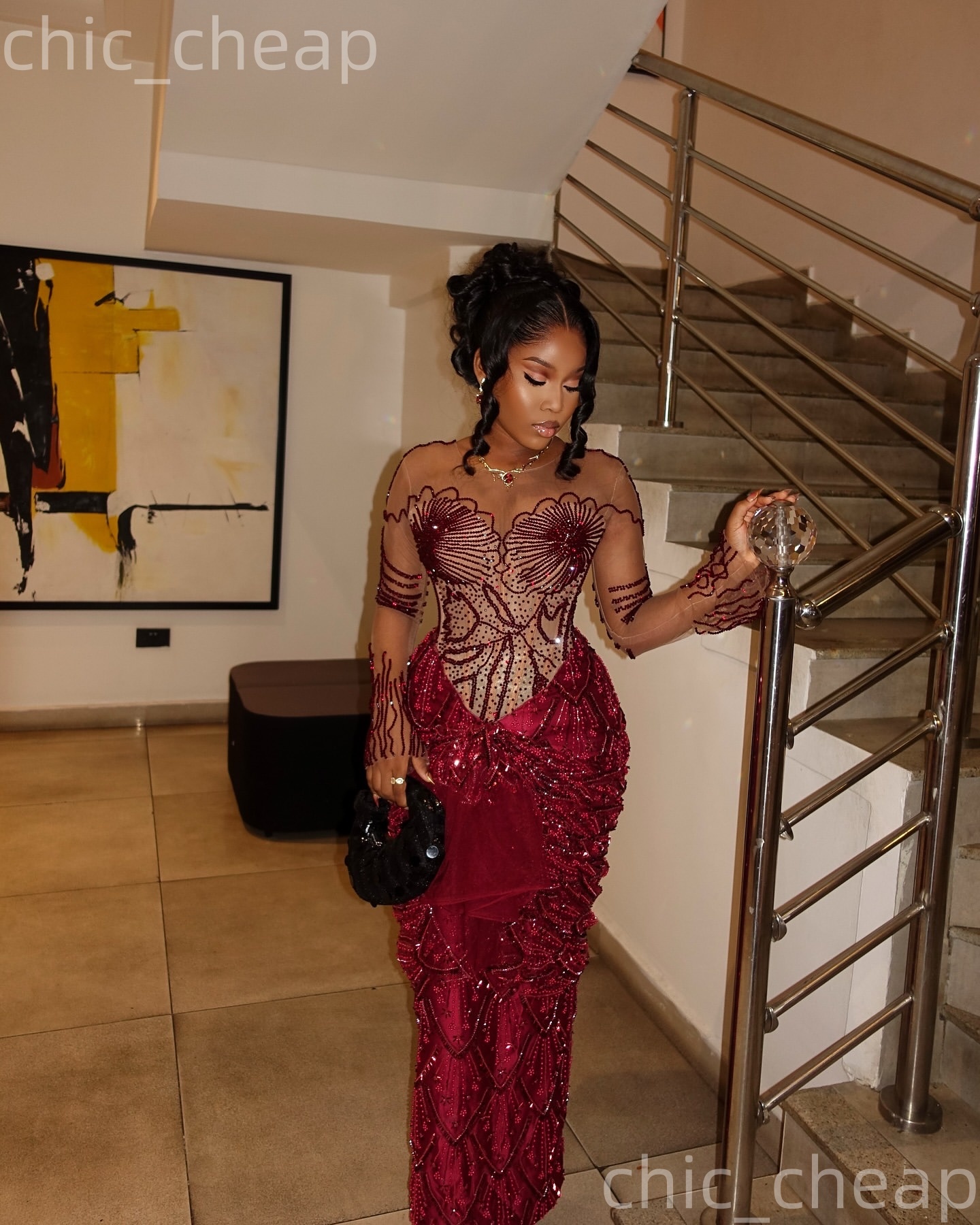 Aso Ebi Nigerian Burgundy Sheath Prom Dresses 2026 Illusion Beaded Sheer Neck Evening Formal Party Second Birthday Engagement Gowns Dress For Special 