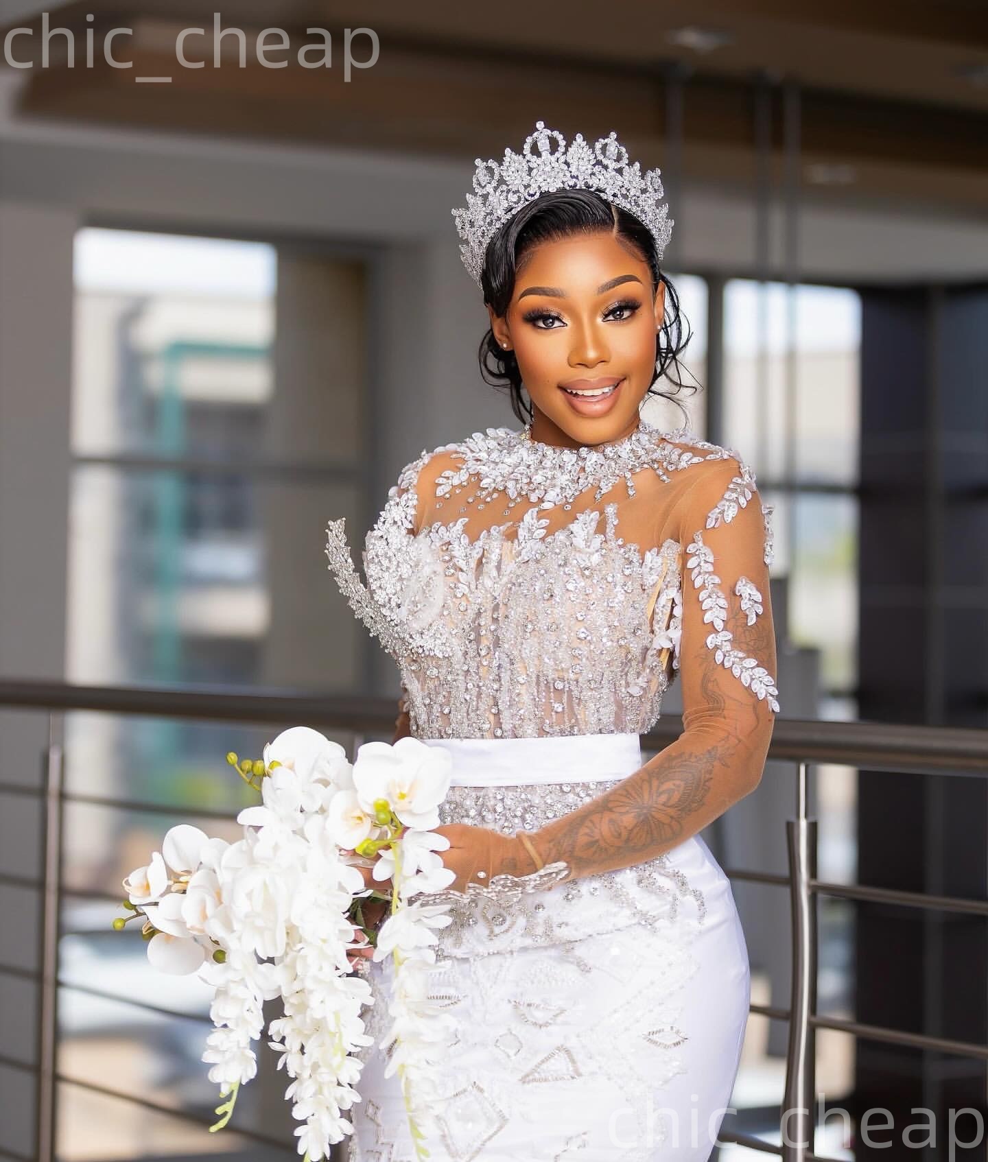 African Aso Ebi 2026 Ivory Mermaid Wedding Dress Beaded Crystals Lace Sheer Neck Luxurious Detachable Train Vintage Bridal Gowns Dresses ZJ233