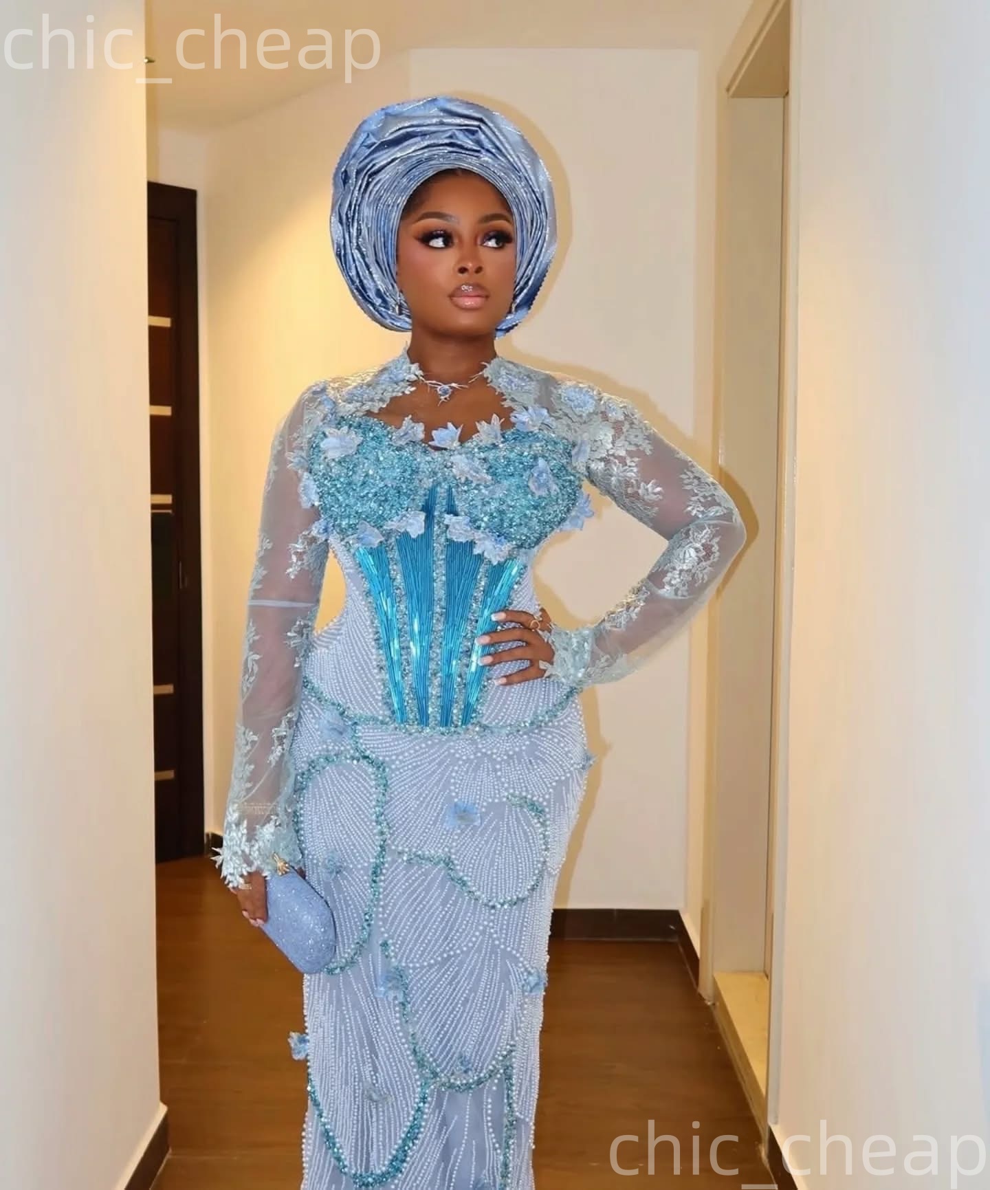 Aso Ebi Nigerian Light Sky Blue Sheath Prom Dresses 2026 Flowers Beaded Sequined Evening Formal Party Second Birthday Engagement Gowns Dress For Speci