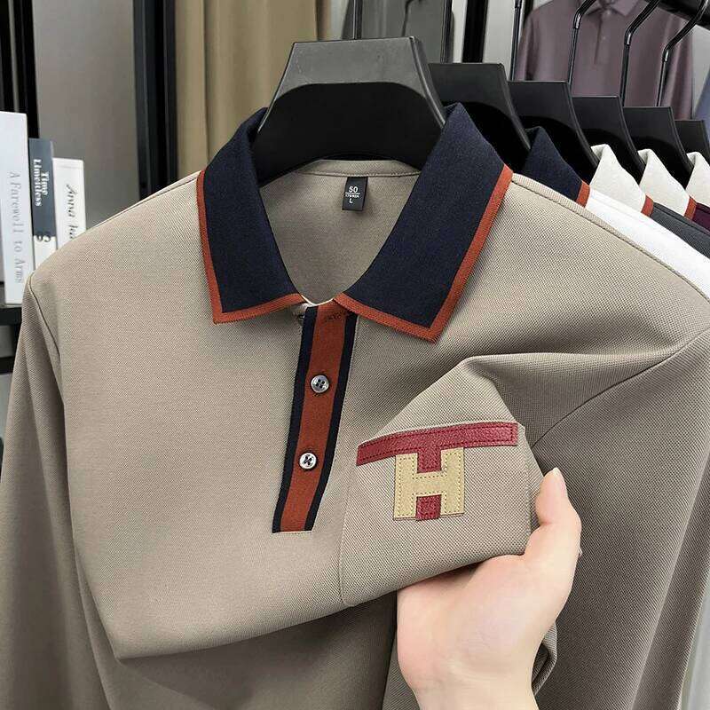 Light Luxury Fashion 100 Pure Cotton Polo Shirt Mens Long Sleeved Autumn New Item Middle-Aged Dad Collar Base T-Shirt2
