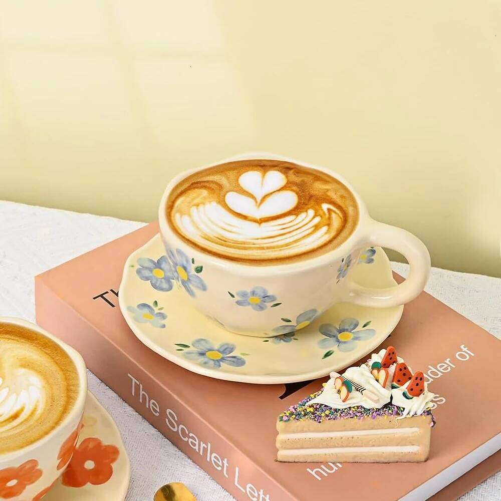Ceramic Mugs Coffee Cups Hand Pinched Irregular Flower Milk Tea Cup with Plate Ins Style Drinkware Breakfast Mug Kitchen