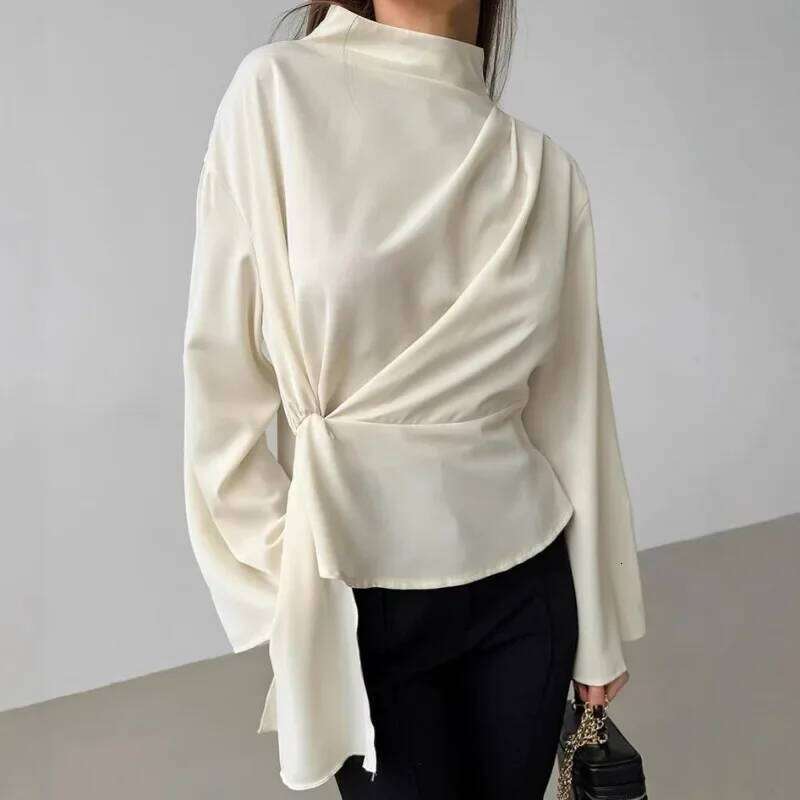 Chiffon Shirt Tops Women's Fashion Pleated Round Neck Long Sleeve Pullover Casual Office Lady Cardigan T-Shirt Blouses