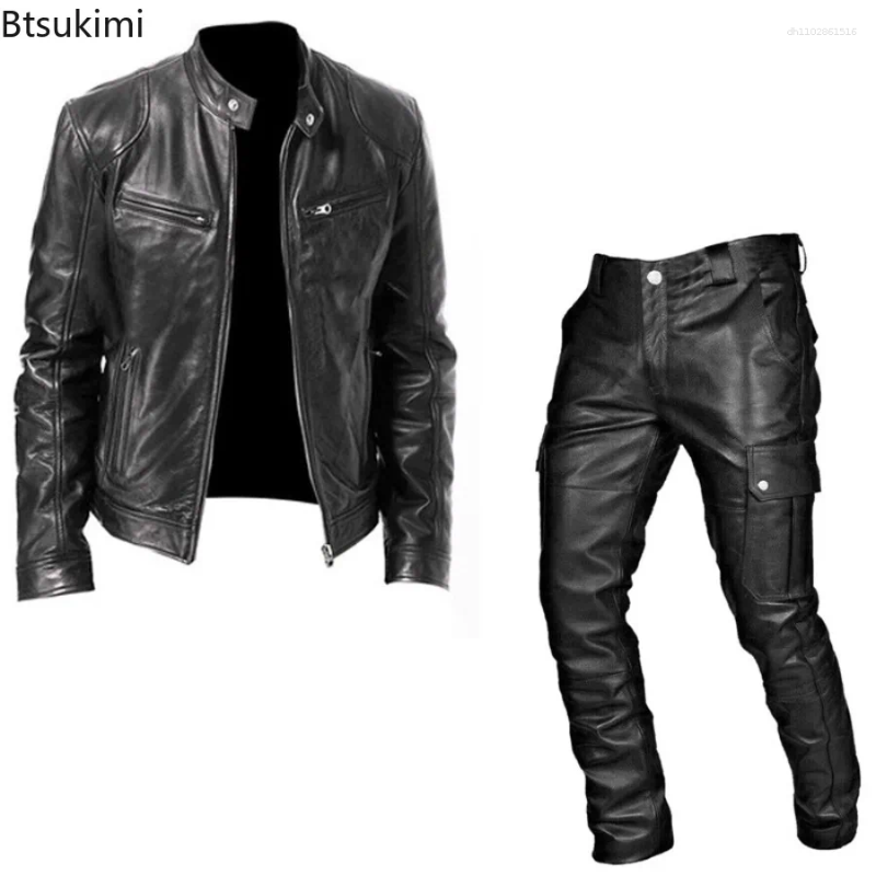 Men's Tracksuits Fashion Motorcycle Leather Clothes Sets Multi-pocket Stand Collar PU Jacket Pants 2-pieces Casual Costumes